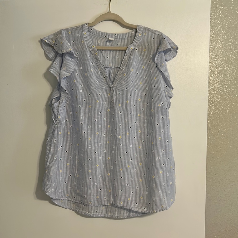 Old Navy Blue and White Stripe with Daisies Flutter Sleeve Top
